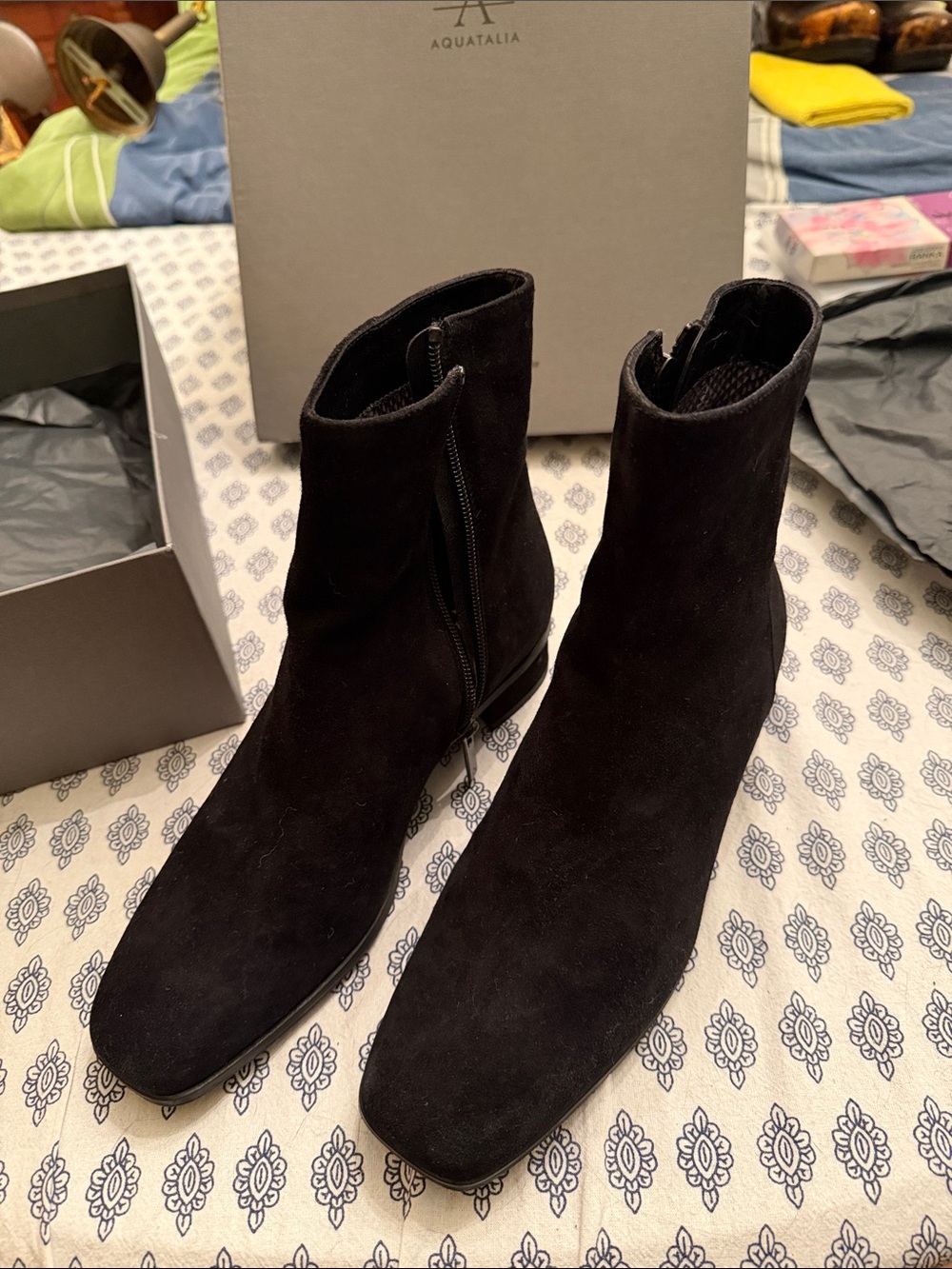 Aquatalia Black Suede Zip Ankle Boots
